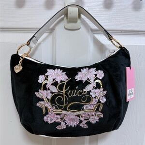 NWT Juicy Couture Juicy In Bloom Black Hobo w/ Pink Floral Embroidery